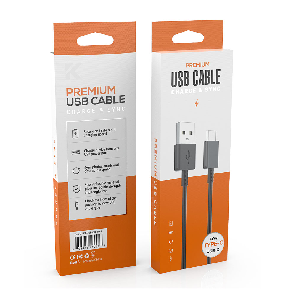 Type C 2.1A Strong USB Cable with Premium Package 3FT (Black)